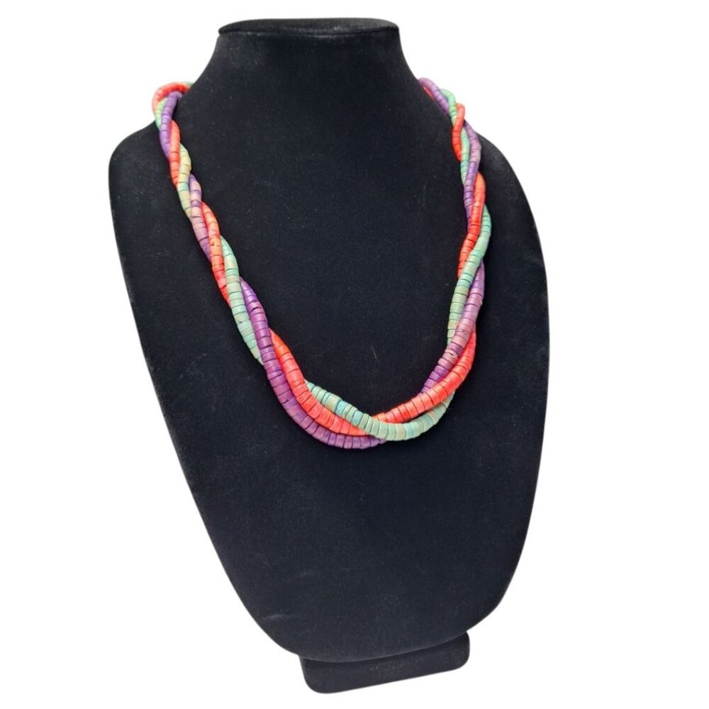 Wooden Necklace 24 Inch Vintage Handmade Tube Beads‎ Triple Strand Hook Clasp